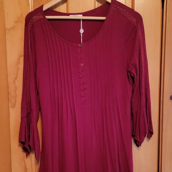 NWT Peasant Top, Bell Sleeve, Lace Inset, Henley Button Blouse - Picture 4 of 5